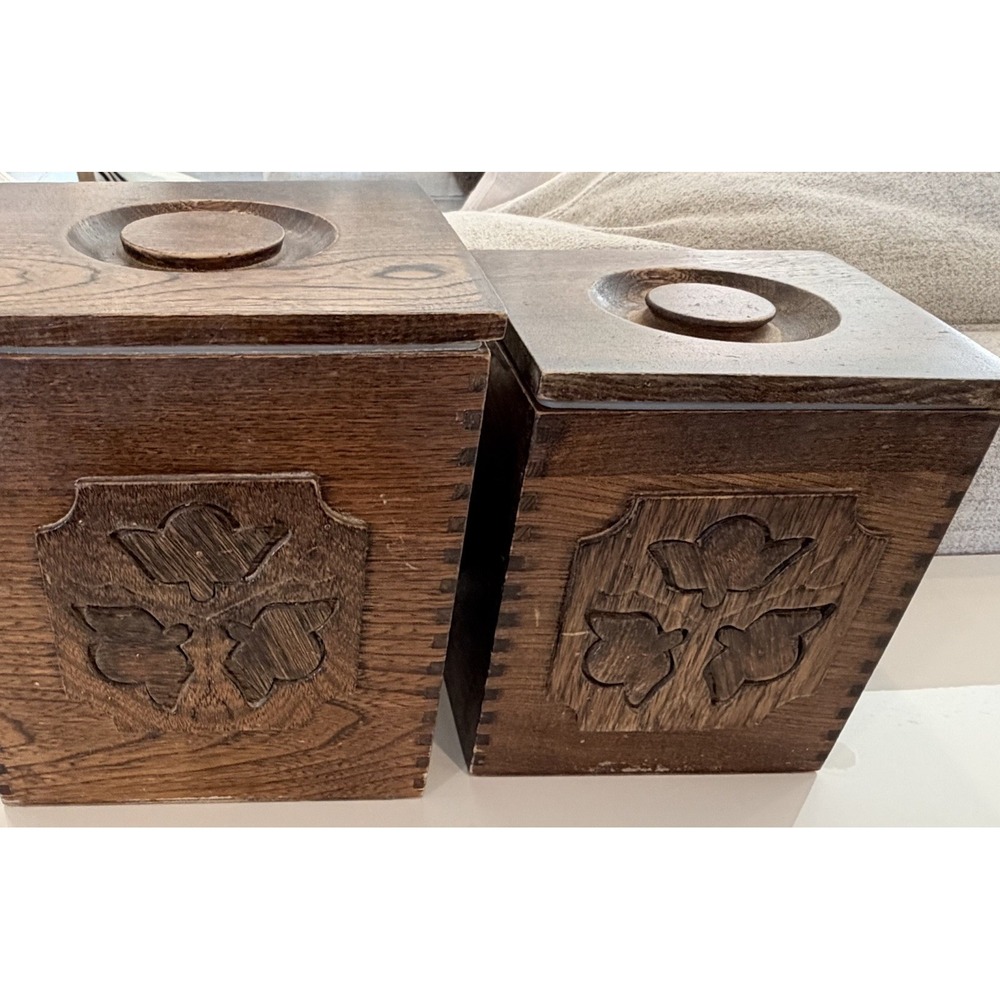 2 Vtg Sears Roebuck Wooden Kitchen Canister Hand-Carved Storage Boxes Lids READ